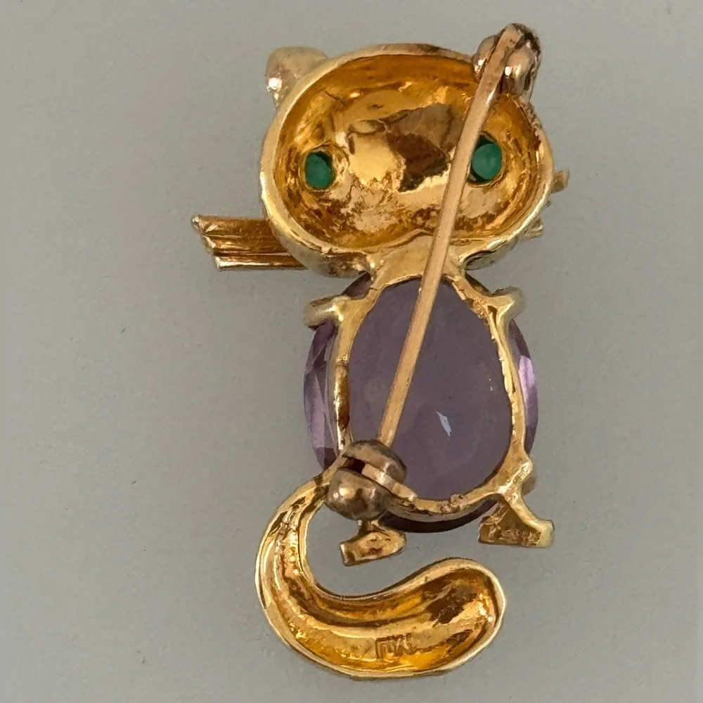 14k real solid gold amethyst emeralds eyes Cat brooch